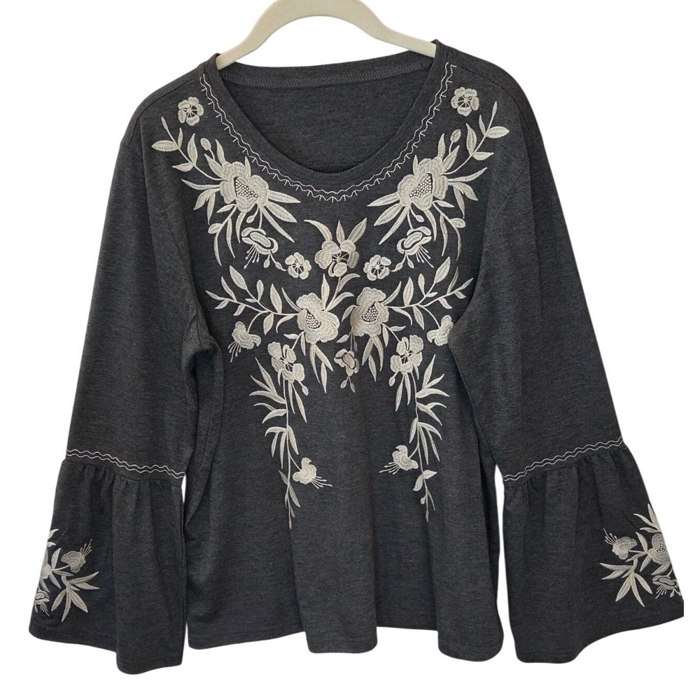 Bohemian Embroidered Long Bell Sleeves V Neck Blouse for Women's XL Boho Fall